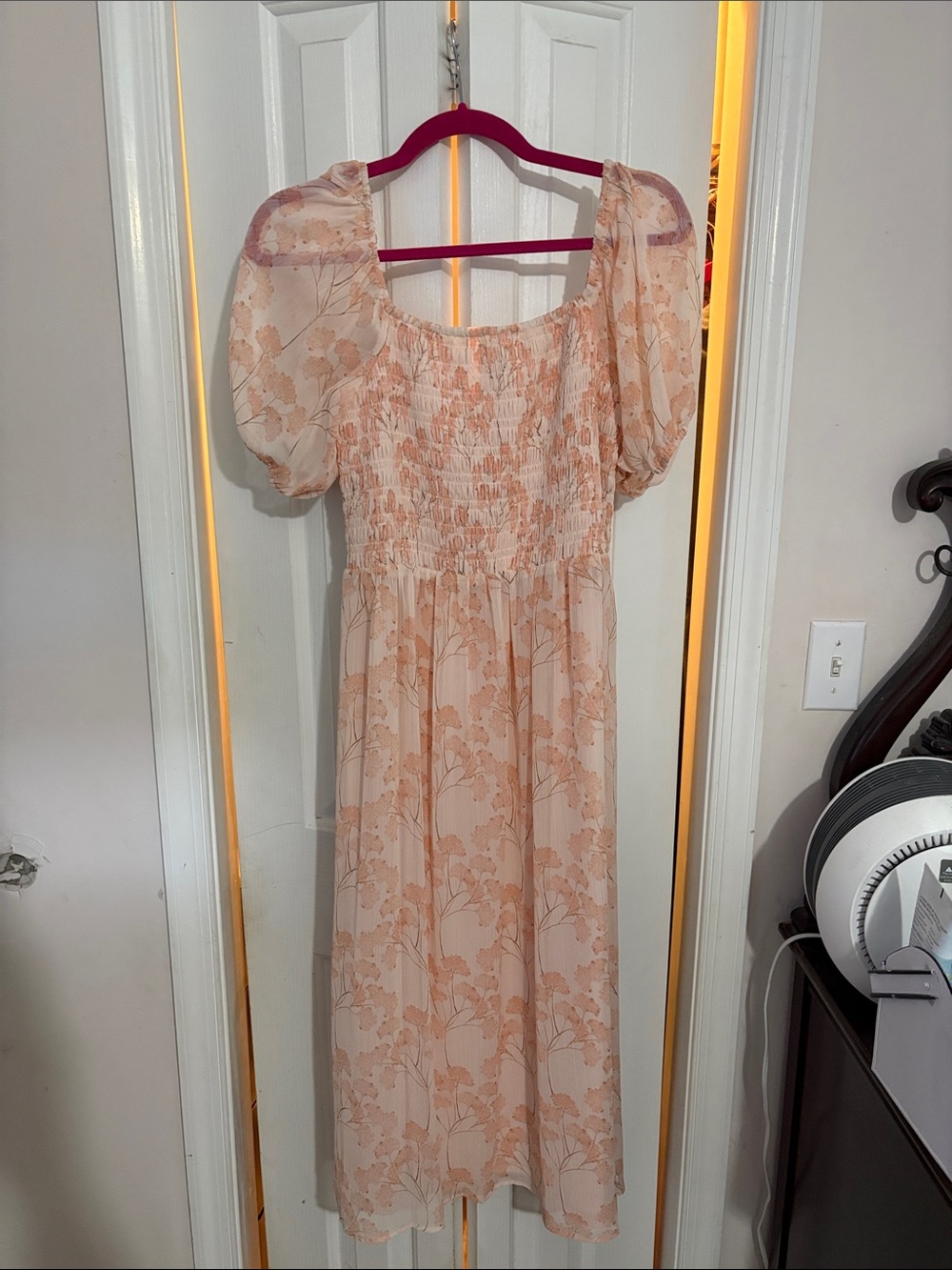 Tommy Hilfiger Peach Floral Puff-Sleeve Midi Dress